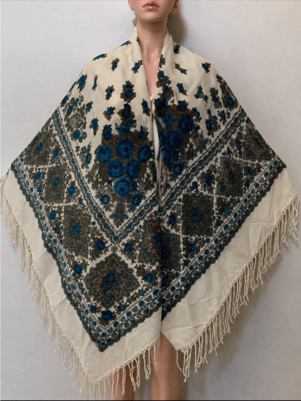 Vintage Swiss 100% Wool Floral Fringe Shawl Wrap Oversized